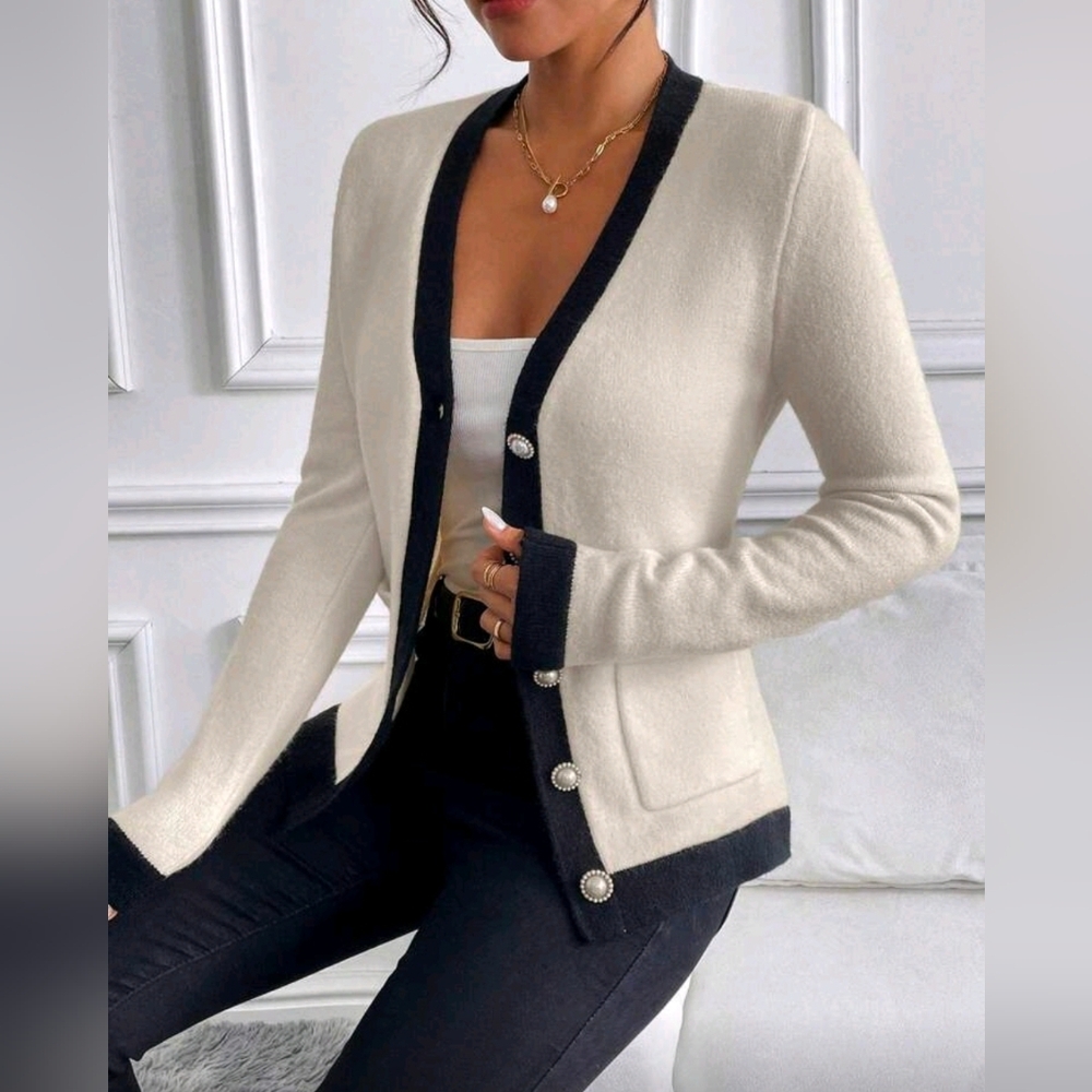 New Luxe Contrast Trim Faux Pearl Beaded Button Knit Cardigan Sweater Off White